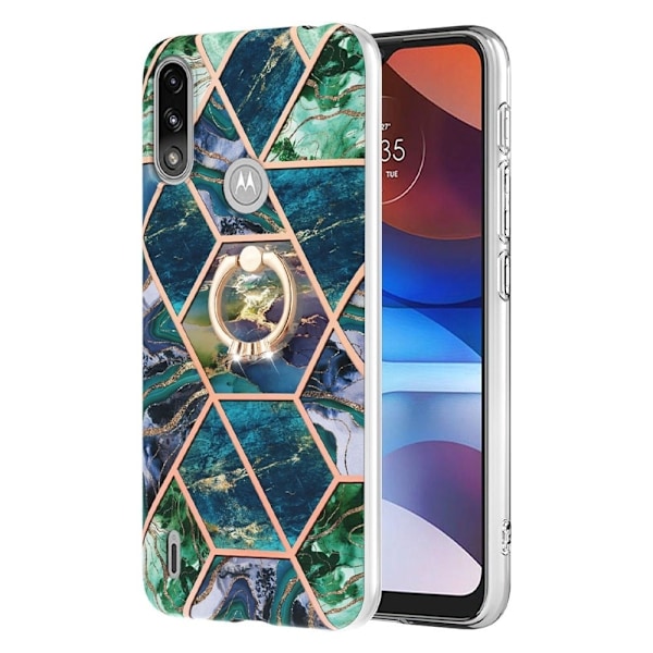 Marble Mønstret Cover med Ring Holder til Motorola E7i Power / E7 Power - Blå / Grøn Blue