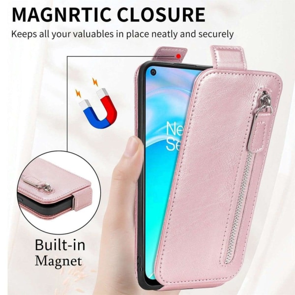 Vertical Flip Phone Etui med Zipper til OnePlus Nord CE 2 Lite 5G - Rødguld Pink