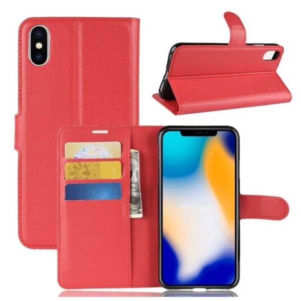 iPhone Xs Max flip etui i læder med litchi-tekstur - Rød Red