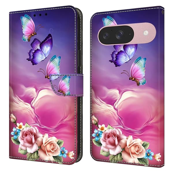 Google Pixel 9 / 9 Pro plånboksfodral mönstrat tryck stativ läder flip telefonskal - Blommig Fjäril Rosa