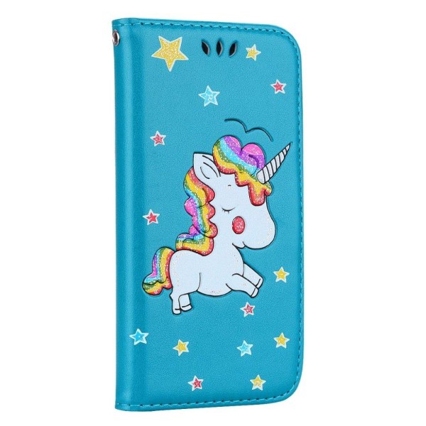 iPhone Xs Max flash powder unicorn pattern leather flip case - B Blå