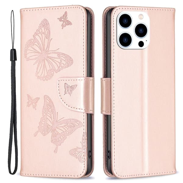 Butterfly läder iPhone 16 Pro Max fodral - Roséguld Rosa