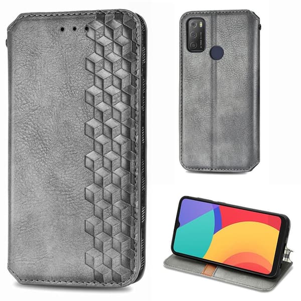 Læder Etui med A Stilfuldt Rhombus Tryk til Alcatel 1s (2021) - Grå Silver grey