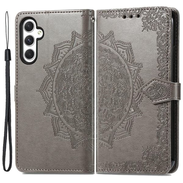 Mandala Samsung Galaxy A35 nahkakotelo - Harmaa Silver grey