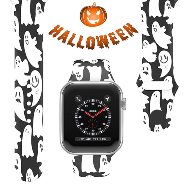 Apple Watch Series 8 (45mm) / Watch Ultra halloweenmønster silikone urrem - Hvide Spøgelser Størrelse: S / M White