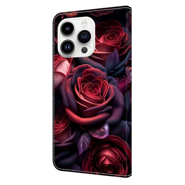 iPhone 16 Pro Plånboksfodral Mönster Tryck Stativ Läder Flip Telefonskal - Svart Ros Röd