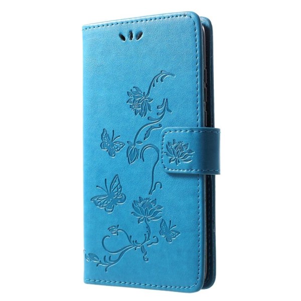 Huawei P30 Lite trykt sommerfugle blomster læder flip etui - Blå Blue