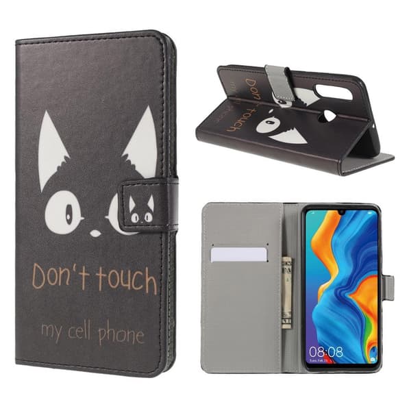Huawei P30 Lite mønstret læder flip etui - Don't Touch My Phone Multicolor