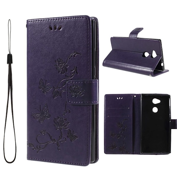 Sony Xperia L2 stemplet sommerfugl Blomster PU læder flip etui - Mørkelilla Purple