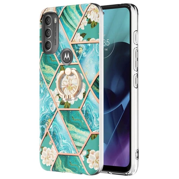 Marble Patterned Suojakuori With Ring Holder For Motorola Moto G71 5G - Blue Flowers Blue