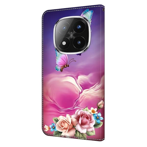 Xiaomi Redmi Note 14 Pro 4G plånboksfodral mönster tryckning stativ läder flip telefonskydd - Blommig Fjäril Rosa