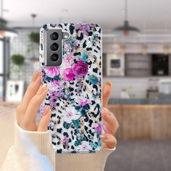 Marble Samsung Galaxy S21 Plus 5G Etui - Leopard og Blomst Purple