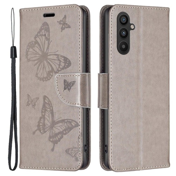 Butterfly läder Samsung Galaxy A34 5G fodral - Silver/Grå Silvergrå