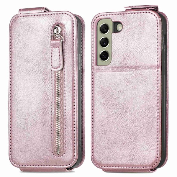Vertical Flip Phone Suojakotelo With Zipper For Samsung Galaxy S21 FE - Ruusukulta Pink