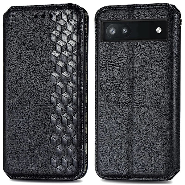 Läder Google Pixel 6a fodral med romb-design - Svart Svart