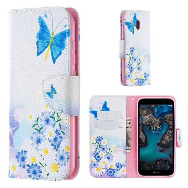 Wonderland Nokia C1 Plus Flip Etui - Sommerfugl og Blomst Multicolor