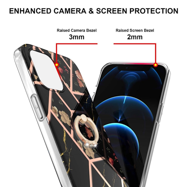 Marble Patterned Suojakuori With Ring Holder For iPhone 13 - Black Flowers Black