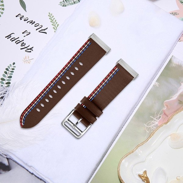 Fitbit Sense / Versa 3 three sewn line genuine leather watch strap - Coffee Brun