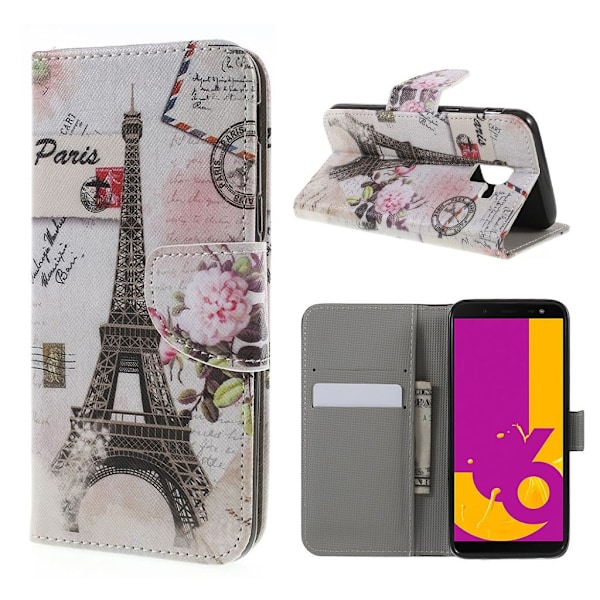 Samsung Galaxy J6 Kuvallinen Seisova PU Nahkinen Suojaava Lompakko Kotelo - Eiffel Torni Multicolor