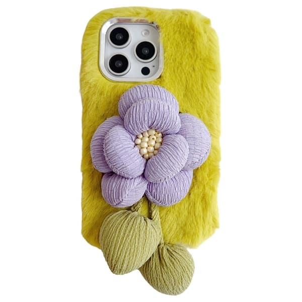 iPhone 16 Pro Max Plush Telefonskal 3D-blomma dekor fluffig flexibel baksida - Grön Grön