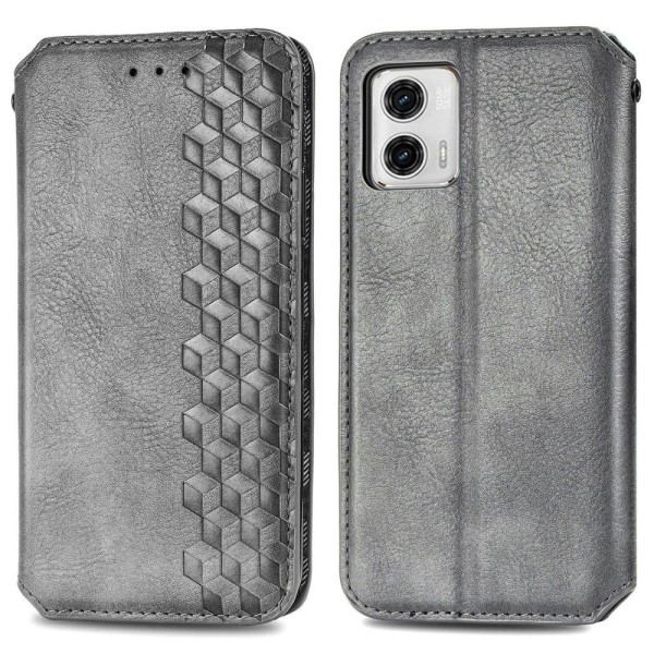 Læder Etui med A Stilfuldt Rhombus Tryk til Motorola Moto G73 - Grå Silver grey
