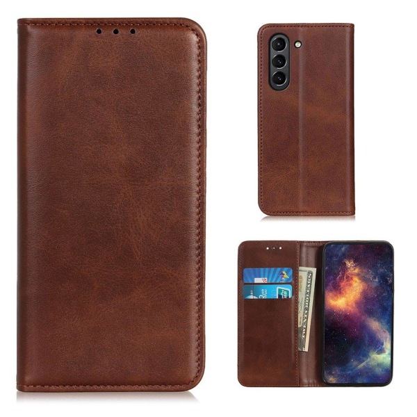 Lompakko-style Aitoa Nahkaa Läppäkotelo For Samsung Galaxy S21 FE - Kahvi Brown