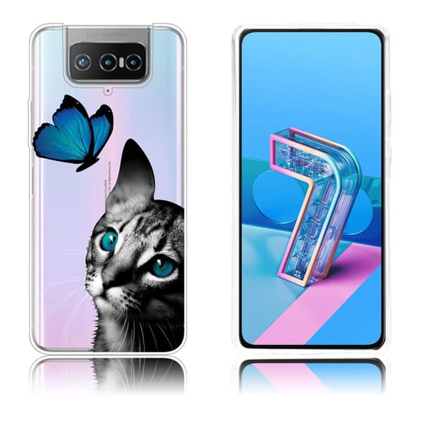Deco Asus Zenfone 7 Pro Etui - Katt og Sommerfugl Black