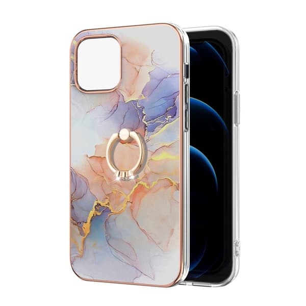 Marble Patterned Suojakuori With Ring Holder For iPhone 13 - Milky Way Marble White Multicolor