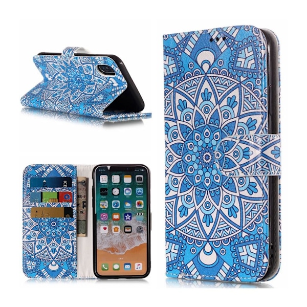 iPhone Xs Max læderetui med mønsterprint - Unique Flower Blue