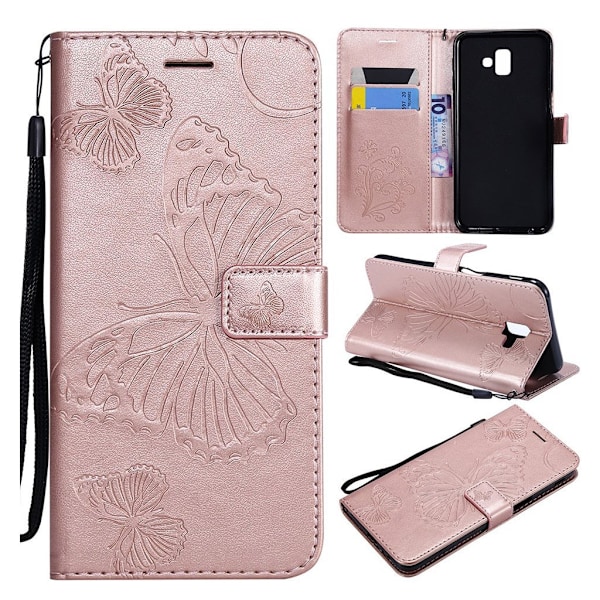 Samsung Galaxy J6 Plus (2018) perhos printti kuviollinen lompakko suojakotelo synteetti nahasta - Ruusu Kulta Pink