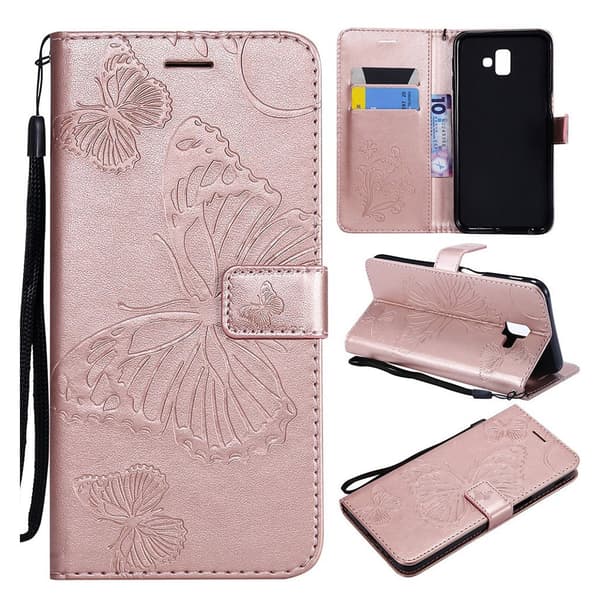 Samsung Galaxy J6 Plus (2018) trykt Sommerfugl læder flip etui - Rødguld Pink