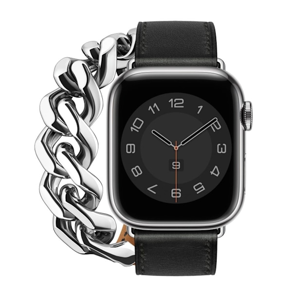 Apple Watch Series 8 (45mm) / Watch Ultra klockarmband i äkta läder med kedjedekor Svart