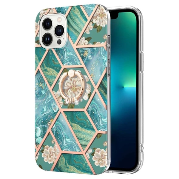 Marble Patterned Suojakuori With Ring Holder For iPhone 14 Pro - Blue Flowers Blue