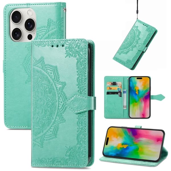 Mandala iPhone 16 Pro etui i lær - Mintgrønn Green