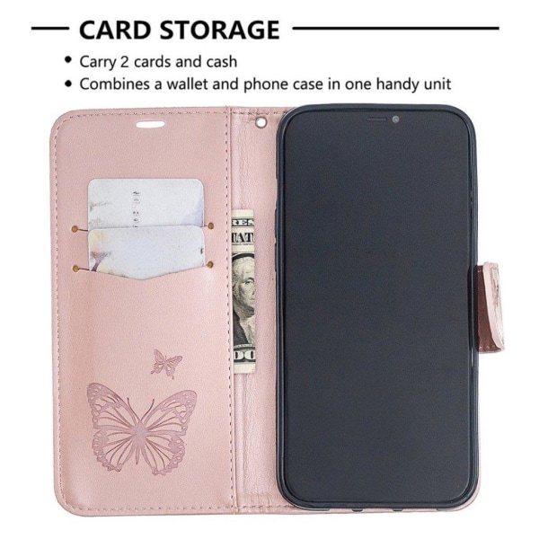 Butterfly iPhone 12 Pro Max nahkakotelo - Ruusukulta Pink