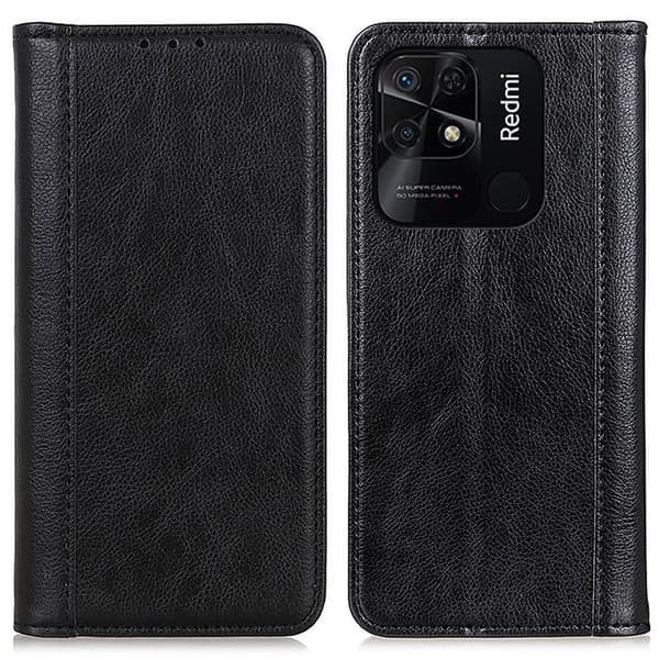 Ekte lærdeksel med magnetisk lukking for Xiaomi Redmi 10C - Svart Black