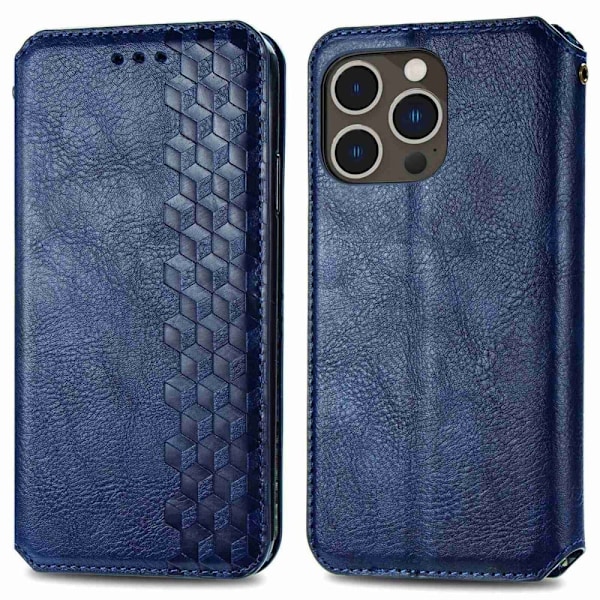 iPhone 14 Pro læderetui med stilfuldt rombe aftryk - Blå Blue