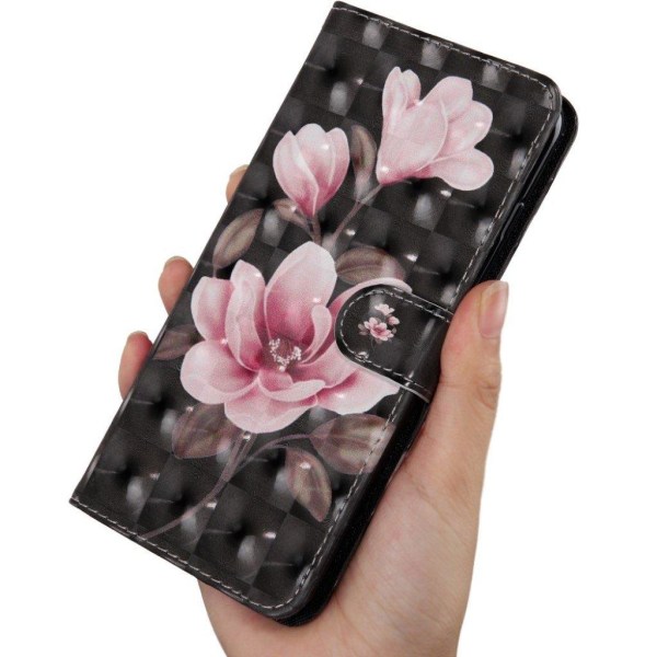 Huawei P Smart 2019 lysspot dekoreret læder flip etui - Lyserøde Blomster Pink