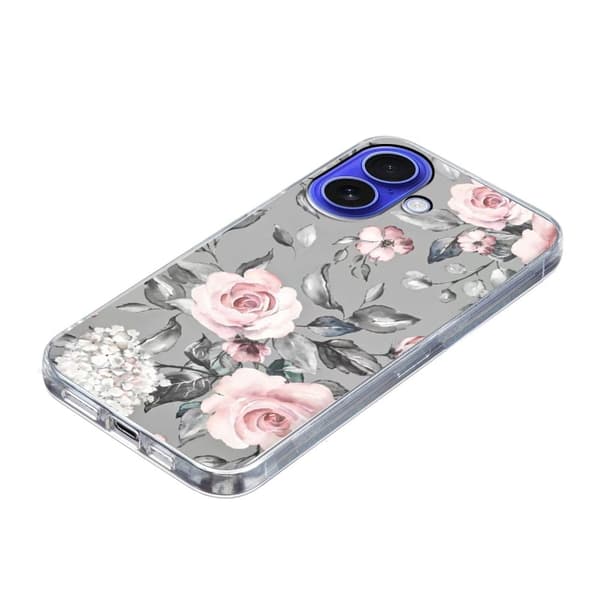 Vibe iPhone 16 Plus deksel - Blomster Med Grå Bakgrunn Silver grey