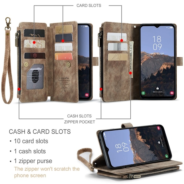 CaseMe vetoketjullinen lompakko-puhelinkotelo Samsung Galaxy A14 - Ruskea Brown