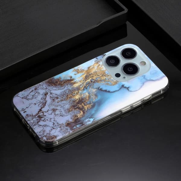 Marble iPhone 14 Pro Etui - Blå Klinkekule Blue