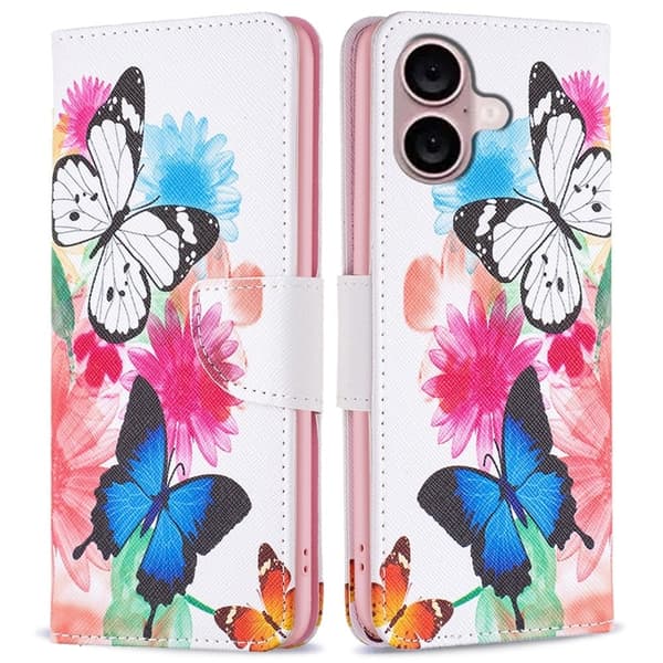 Wonderland iPhone 16 Plus flip kuoret - Kaksi Perhosta Pink
