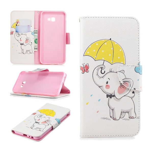 Samsung Galaxy J4 Plus (2018) mønstered læder flip etui - Elefant Holder en Paraply Multicolor
