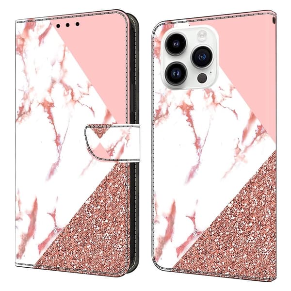 iPhone 16 Pro Plånboksfodral Mönster Tryck Stativ Läder Flip Telefonskal - Triangulär Marmor Rosa