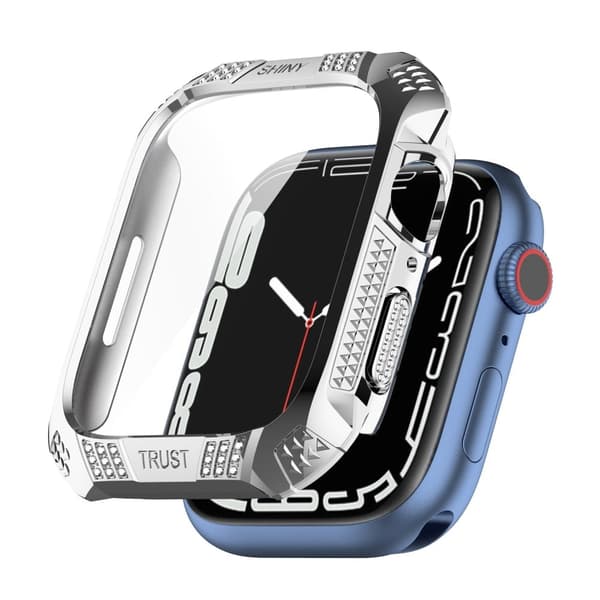 Apple Watch (45mm) rhinestone adorned cover with tempered glass screen protector - Silver Silvergrå