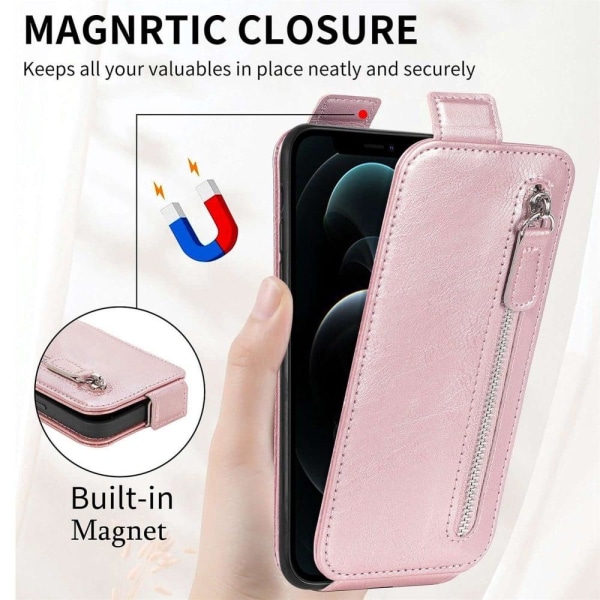 Vertical Flip Phone Suojakotelo With Zipper For iPhone 12 / 12 P Pink