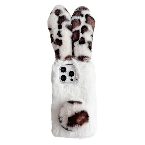 iPhone 16 Pro Max Case Fluffy Leopard Splicing Bunny Plush Flexible Phone Cover - White White