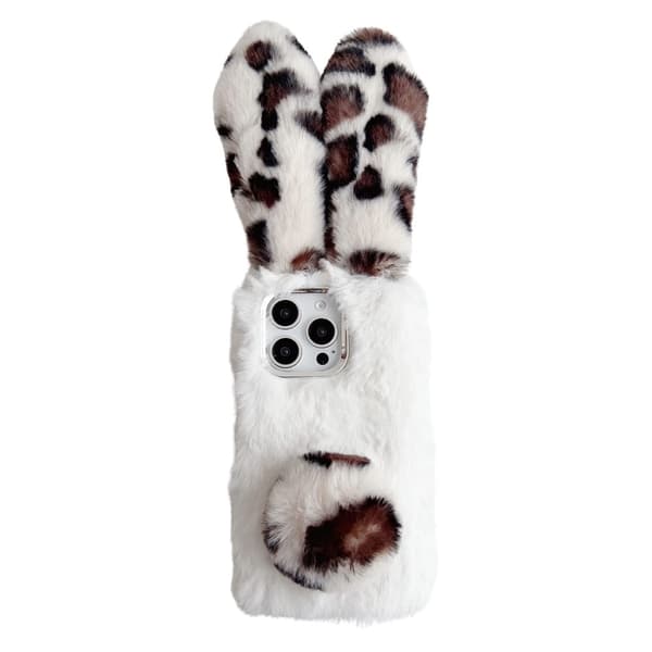 iPhone 16 Pro Max Fodral Fluffy Leopard Splicing Bunny Plysch Flexibelt Telefonskal - Vit Vit