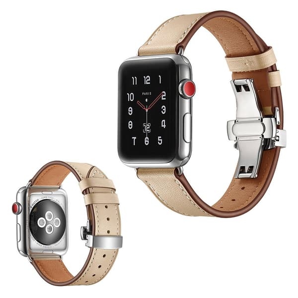 Apple Watch Series 5 44 mm hållbart klockarmband i äkta läder - Silverspänne / Aprikos Brun