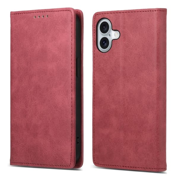 DF-05 iPhone 16 Plus-etui RFID-blokkerende vegansk lærlommebokdeksel - Rød Red